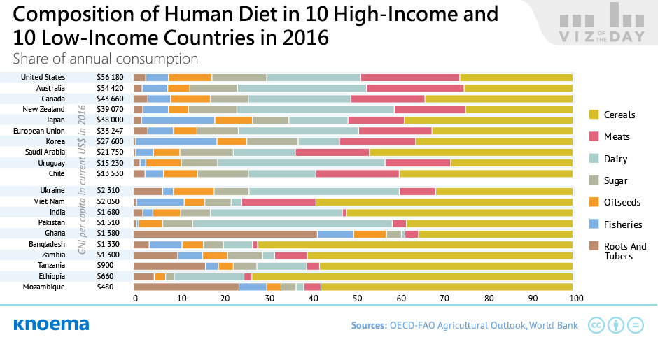 Composition of Human Diet in 10 High-Income and 10 Low-Income in 2016